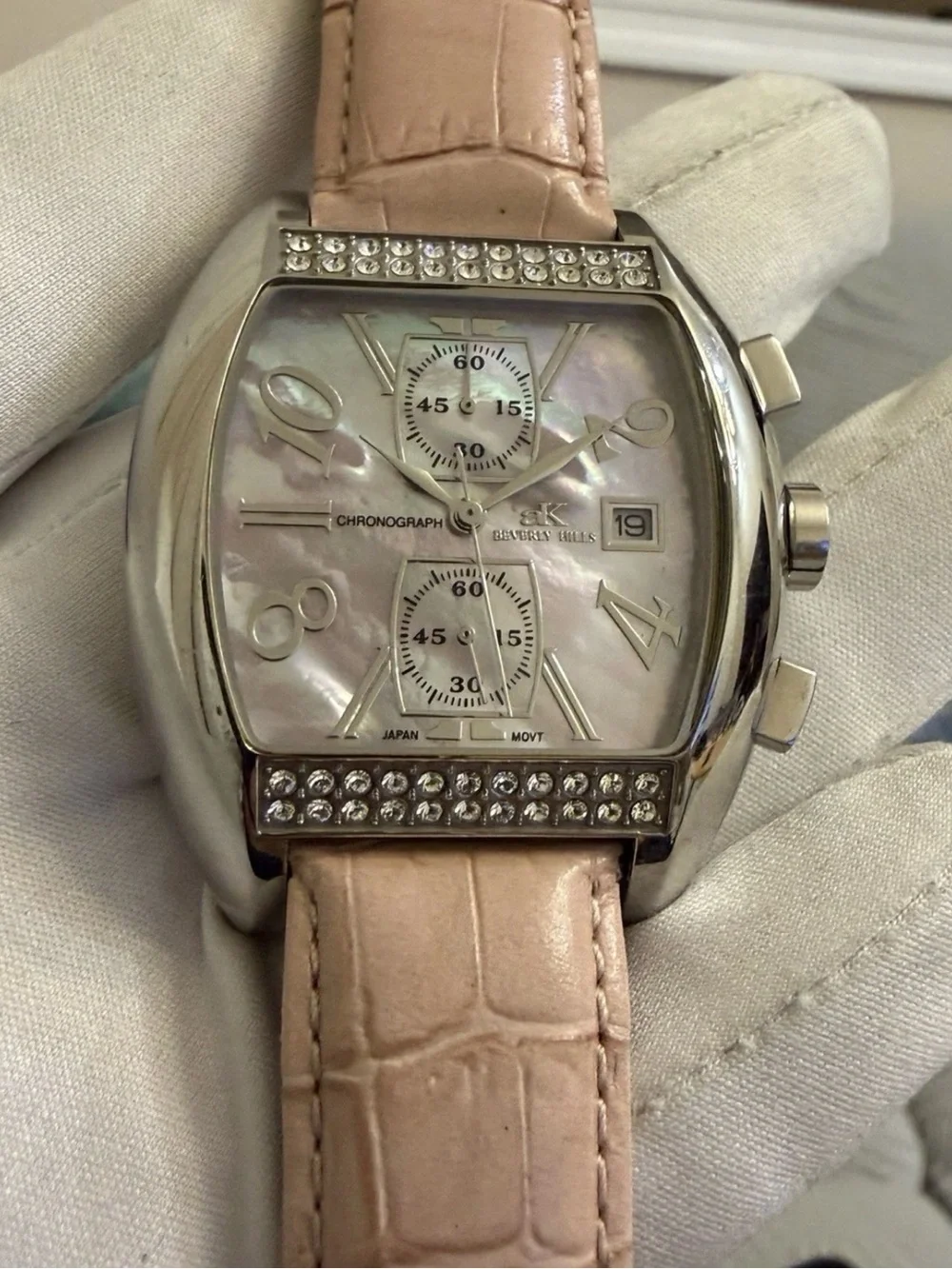 Adee Kaye Beverly Hills Sport Chronograph Pink MOP Swarovski Crystal Watch